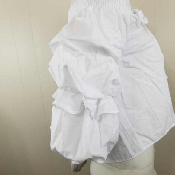 Zara Basic M White Balloon Ruffle Sleeve Blouse Off the Shoulder Keyhole Bow - Picture 5 of 8